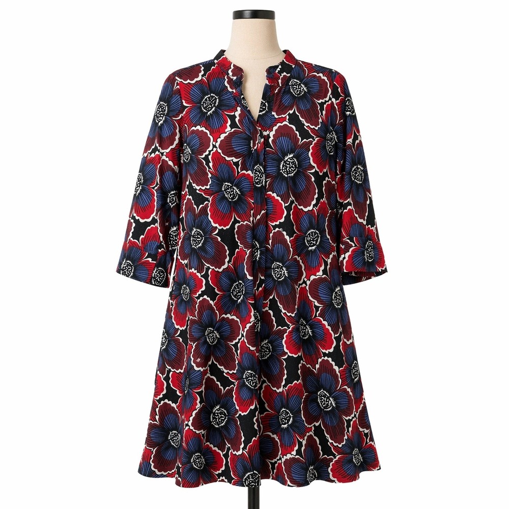Zuri Kenya Jardin Floral Button Shirt Dress Size M Blue Red Swing Hawaiian Boho